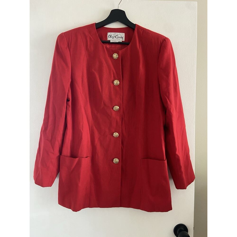 Women's Vintage Oleg Cassini Red Blazer Size 14 Gold Embellished Buttons
